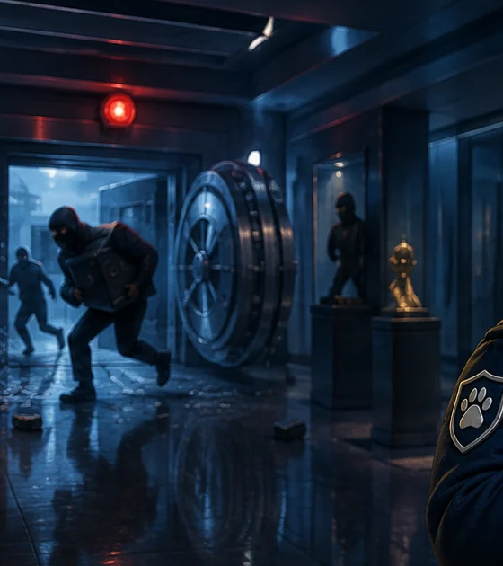 A dark museum corridor: a masked figure runs off with a safe, the vault stands open, and Doge's shoulder is visible at the right, facing the other way.